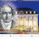Beethoven-Stadt Bonn, Deutschland. Illustration: Beethoven-Porträt neben einem beleuchteten historischen Gebäude.