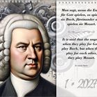 Kalenderblatt mit Bild eines Mannes in historischer Kleidung, Notensymbolen und Zitaten über Engel, Bach und Mozart.