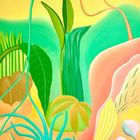 Abstrakte Illustration mit grünen Blättern, geschwungenen Linien, blauen und gelben Farbakzenten auf gelbem Hintergrund.