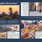 Eine Broschüre mit Texten über Marokko: Begrüßung, Landschaften, Städte, Sprichwort und Gewürze. Bilder von Palmen, Dünen und Märkten.