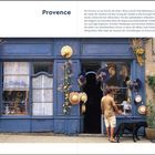 "Provence"; Text beschreibt die Sinne faszinierende Provence. Links ein blaues Schaufenster mit Strohhüten und Blumen. Ein Mann mit Hund.
