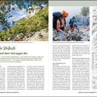 Entlang der Steilküste: Wandern auf dem Selvaggio Blu. Links ein Küstenbild, rechts Kletterer am Hang, daneben ein Küstenplan.