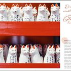 "Die Katze winkt nicht dir zu – sie winkt dem Glück, damit es hereinkommt. – aus Japan." Weiße Katzenfiguren in roten Regalen.