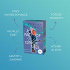 Text: "Cozy Winter Romance", "Forced Proximity", "He Falls First", "Women in STEM", "Grumpy x Sunshine". Buchcover: "A Pact of Polar Opposites".