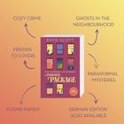 Text: "Cozy Crime", "Ghosts in the Neighbourhood", "Friends to Lovers", "Paranormal Mysteries", "Found Family", "German Edition Also Available". Ein Buch mit dem Titel "The Morrisey Mysteries: A Poisoned Package" von Eryn Scott zeigt ein Hochhaus mit Fenstern.
