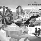 Teil 1: Der Monsterpark. Schwarz-weiße Illustration: Riesenrad, Achterbahn, Zelte, Kürbisse und Fledermäuse.