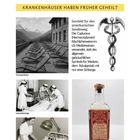 Oben: „KRANKENHAUS STATTGESUNDHEITSHAUS“, „KRANKENHÄUSER HABEN FRÜHER GEHEILT“. Bilder: Sonnenliegen, Caduceus, Krankenschwestern, Flasche.