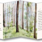Faltbare Karten mit Gedichten und Aquarellen: strahlender Himmel, Waldszenen, blühende Bäume, Aquarellstil.