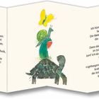 Texte: "Trinity Eins", "Geburtstag", "Im Schilf", "Jetzt". Tiere stehen aufeinander gestapelt, detaillierte Illustrationen.