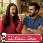 „Verbringt gemeinsam Zeit und freut euch auf spannende Duelle.“ Ein Mann und eine Frau lachen und wirken erfreut.