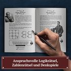 Anspruchsvolle Logikrätsel, Zahlenrätsel und Denkspiele. Zwei Hände schreiben in einem Buch mit Illustrationen und Text.