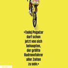 Zitat von Andy McGrath über Tadej Pogačar, darunter ein Radfahrer von hinten auf gelbem Hintergrund.