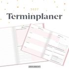2027 Terminplaner. Seiten mit Wochenübersicht, Notizen und Reflexionsfragen. Sanfte Farben, elegante Gestaltung.