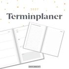 Text: "2027 Terminplaner". Geöffnetes Planer-Design mit Wochenübersicht und To-Do-Liste, Punkte für Notizen.