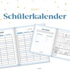 2027 Schülerkalender. Zwei geöffnete Seiten: Stundenplan und "Lesen & Lauschen"-Seite mit Listen und Bücherregal-Illustration.