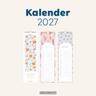 Kalender 2027. Drei Monatsblätter mit floralen und abstrahierten Mustern für Januar und Februar.