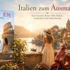 Ein schiefer Turm und ein Kolosseum am Wasser, eine Vespa, Frau auf Mauer sitzend, Gondel im Fluss, Zitronenbaum, Vögel.