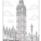 Illustration des Big Ben mit Uhr und Umgebung in feinen Linien, umgeben von Wolken und Architektur.