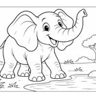 Eine lächelnde Elefantenillustration mit großem Rüssel, stehend an einem Gewässer mit Bäumen im Hintergrund.
