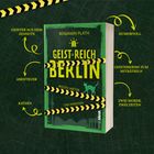Texte: "Geister aus dem Jenseits", "Abenteuer", "Katzen", "Benjamin Plath", "Geisterreich Berlin", "Humorvoll", "Geisterkrimi zum Miträtseln", "Zwei Morde, zwei Zeiten". Abgebildet ist ein Buchcover mit Warnband-Design und einer Katze.