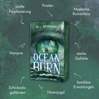 "OCEAN BURN" von M.L. Rennau; Begriffe wie "Piraten", "Vampire", "Nixenjagd"; starkes grünes Auge mit Gewitter.
