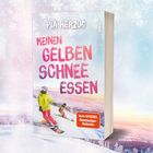 Aufschrift: "Pia Herzog. Keinen gelben Schnee essen. SPIEGEL Bestseller." Zwei Skifahrer auf schneebedeckter Piste.