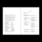 Der Text auf der rechten Seite beschreibt den Inhalt der Kapitel mit Themen und Seitenzahlen. Links stehen rechtliche Hinweise.