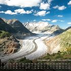 Text: "Aletschgletscher - Berner Alpen, Kanton Wallis (Schweiz)". Kalender zeigt Berge, Gletscher und blauen Himmel.