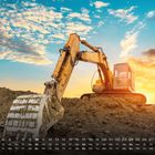 Kalender für Januar mit einem Bagger auf einem Erdhügel vor einem Sonnenuntergang.