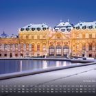 „Schloss Belvedere Wien“ und darunter Kalenderdaten für Januar. Winterliches Schloss mit Schnee, beleuchtet bei Dämmerung.