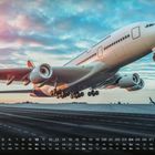 Kalender unten, mit Zahlen und Wochentagen. Ein großes Flugzeug hebt ab, Hintergrund mit buntem Himmel.