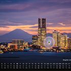 Text: "Skyline von Yokohama", darunter ein Kalender.  
Abenddämmerung über Stadt mit beleuchtetem Riesenrad.