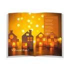 Texte: "Weihnachtslicht", und Gedicht starten mit "Hör's mit beiden Ohren...". Leuchtende Häuschen auf gelbem Hintergrund.