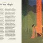 VORWORT: Leben mit Magie. Drei bunt gekleidete Figuren betrachten einen leuchtenden, orangefarbenen Baum in einer mystischen Szene.