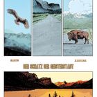 "Der Schatz der Geisterstadt" steht unten. Drei Panels zeigen einen Vogel im Flug, eine leere Straße und einen Bison.