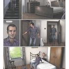 "Tschüss, Papa." Ein Mann in einem lila Hemd zieht einen Koffer, geht in ein Schlafzimmer und setzt sich auf das Bett.