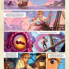 Eine Illustration zeigt ein Schiff, eine Frau auf dem Deck, ein Krake-Auge und eine Szene am Schreibtisch mit Karten.