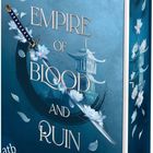 „Empire of Blood and Ruin“ von Ursa Jaumann, Roman. Asiatisches Gebäude, Schwert, Blumen auf blauem Hintergrund.