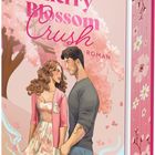 "Cherry Blossom Crush" von Harper Graham, Roman. Illustration eines Paares unter Kirschblüten, sie halten Händchen.