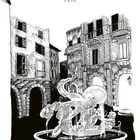 "ERSTER TEIL". Schwarz-weiße Illustration eines Platzes mit Brunnen und umgebenden Gebäuden im klassischen Stil.