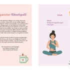 Entspannter Rätselspaß! Inhalt: Rätsel 4, Entspannungsübungen 135, Lösungen 146. Frau meditiert, Lavendel, Teetasse, Bambus.