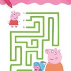 "Welchen Weg muss Peppa nehmen, um zu Mama Wutz und Evie zu kommen?" Ein Labyrinth mit Peppa und ihrer Familie.