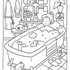 Illustration: Eine Person nimmt ein Schaumbad. Spielzeugente schwimmt. Katze spielt neben der Wanne. Pflanzen und Handtücher im Raum.