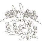 Illustration: Ein Hase in einer Schürze pflanzt Tulpenzwiebeln in den Boden, umgeben von blühenden Tulpen.