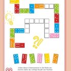 Ordne 6 Dominosteine ein. Zeichne Punkte auf freie Felder. Bunte Domino-Steine, Glühbirne und Fragezeichen. Nummer 44.