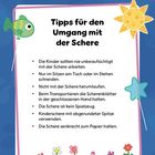 „Tipps für den Umgang mit der Schere“. Enthält sieben Sicherheitstipps. Verspieltes Design mit Fisch, Sonne und Blüten.