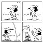 Comic in vier Panels. Ein Mädchen mit Baseballhandschuh hält ein Eis, während ein Ball vorbeifliegt. Dann bietet sie das Eis einem Jungen an.