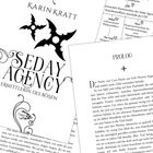 Text auf Deutsch: "Karin Kratt", "Seday Agency", "Ermittlerin des Bösen", "Prolog". Schwarze Shuriken- und Rankenmotive.