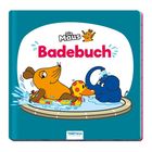 Text: "Die Maus Badebuch". Illustration von Maus und Elefant in einem Planschbecken.