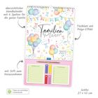 Familienplaner 2027, bunte Ballons und Girlanden, Einkaufsliste und To-do-Liste, mit Stift zum Herausnehmen.